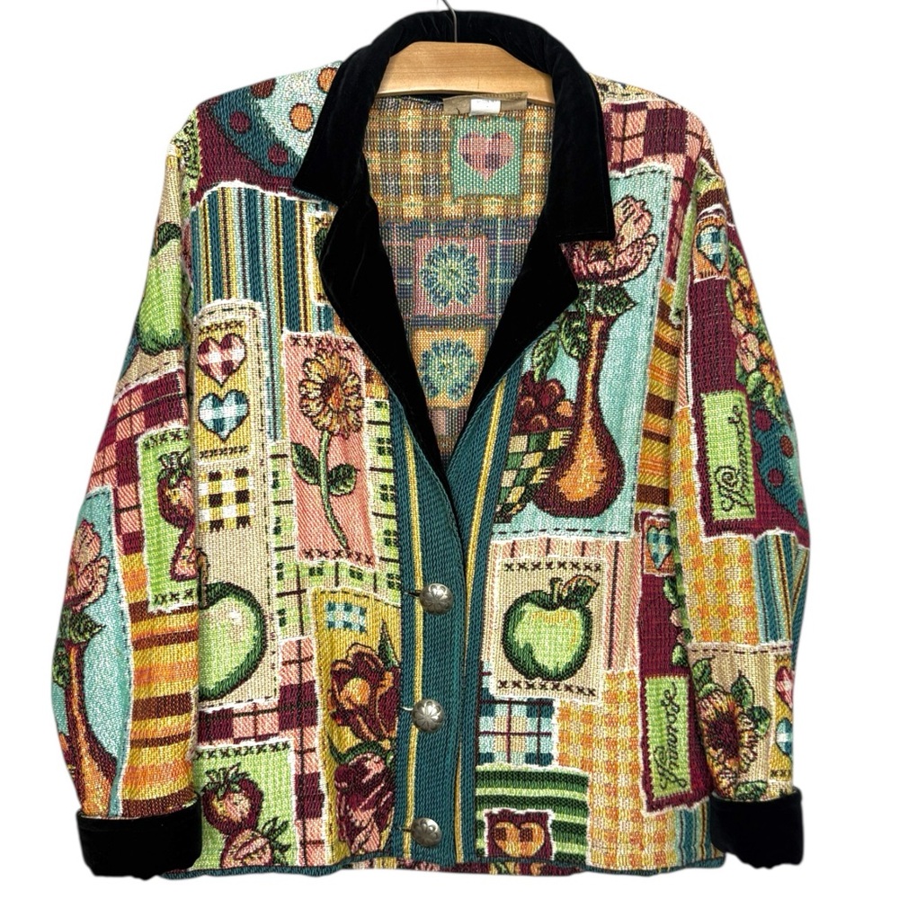 Vintage PAINTED PONY Tapestry Jacket Velvet Trim Fruit‎ Floral Art One Size